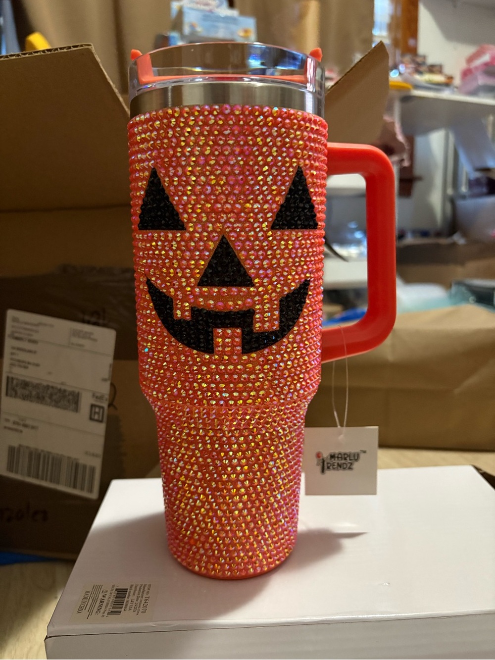 Orange Rhinestone Pumpkin Travel Tumbler with Handle